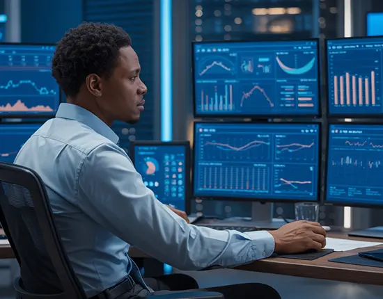 Marketing operations specialist monitoring campaign dashboards around the clock